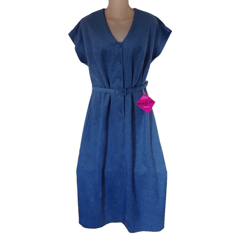 Vintage NWT! Joan Curtis Blue Belted Button Front Sleeveless Dress Sz 18